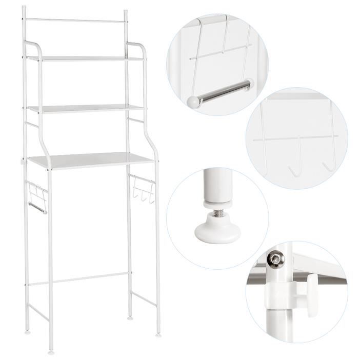 Meuble de Rangement dessus WC Blanc en Inox Avec 3 Niveaux Plateaux L. 55 x l. 26 x H. 165 cm - LUXS