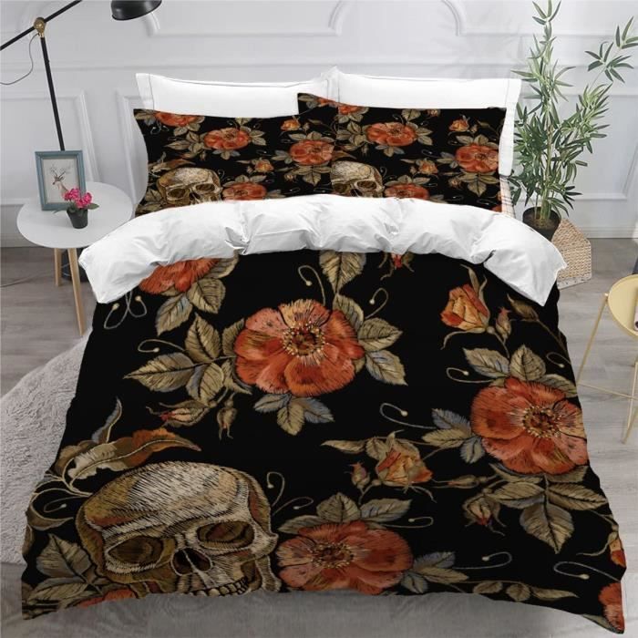 Parure De Lit 2 Pièces Microfibre - Housse De Couette 140x200 Cm + Taie 65x65 Cm Motif Skull Et Fleurs, Réversible, Fermeture Éclair