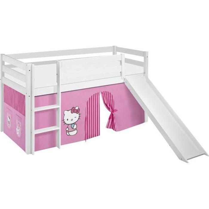 Lit surélevé JELLE Hello Kitty rose - LILOKIDS - avec rideaux et toboggan - 90x200 cm Lit surélevé JELLE Hello Kitty rose - LILOKIDS - avec rideaux et toboggan - 90x200 cm