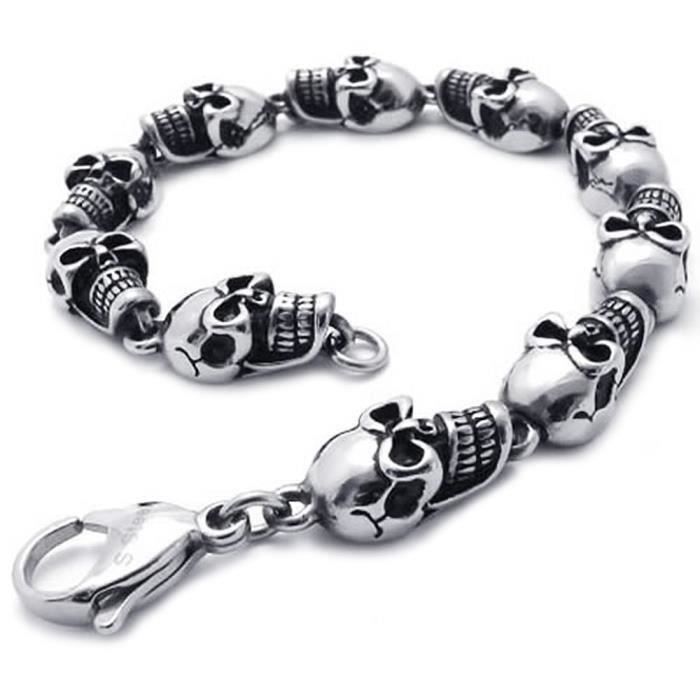 bijoux bracelet homme tete de mort crane gothique diable motard biker tribal acier inoxydable fantaisie pour homme chaine de main co