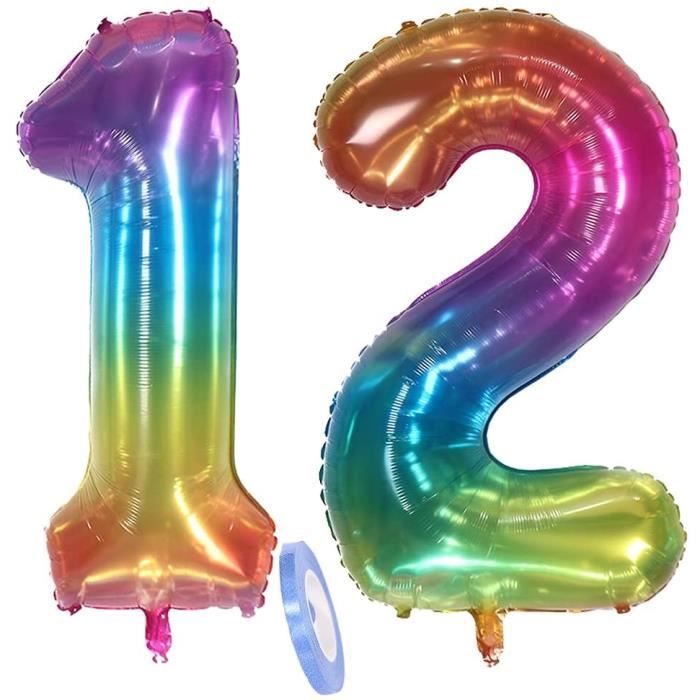 Ballons numéro 12, ballon 12 ans anniversaire multicolores arc en cie xxxl  100cm geants figurines gonflable hélium feuille ch[A595] - Cdiscount Maison