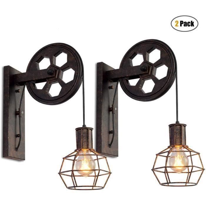 Lot de 2 Appliques Murales Industrielle Vintage Mural Rétro Poulie Lampe de Mur Luminaire E27 Intérieur Rouille Noire