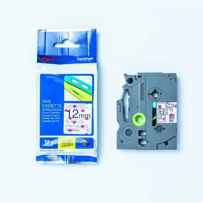 Ruban cassette Brother TZe MPPH31 12 mm sur motif à cœurs roses - vue 2