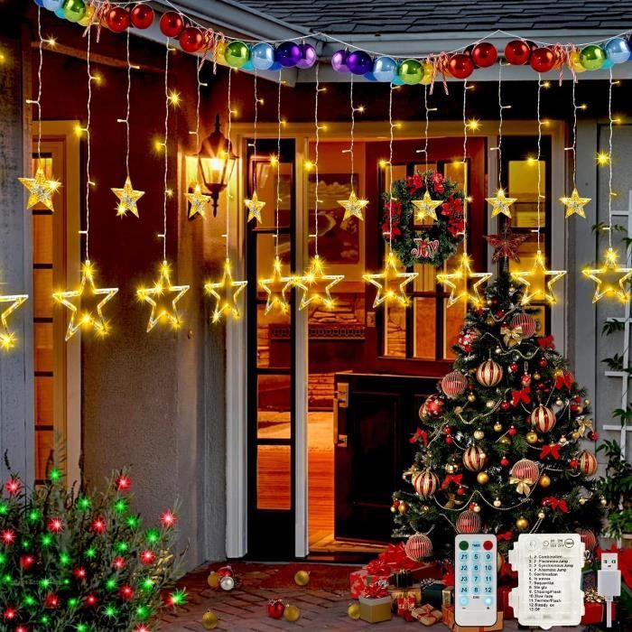 Rideau Lumineux Sapin De Noël Avec Étoiles Et Figurines - Guirlande LED Fenêtre Intérieur Extérieur