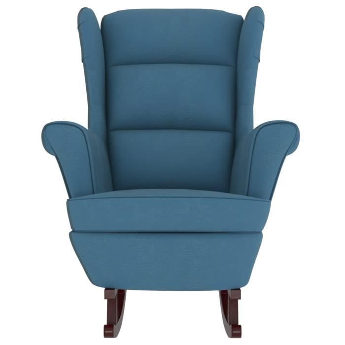 Fauteuil à bascule - CUQUE - 84399 - Velours bleu - Bois dhévéa massif - Confort optimal