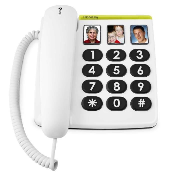Téléphone filaire Doro Phoneasy 331ph - Blanc - 3 touches mémoires directes avec photo - Rappel automatique