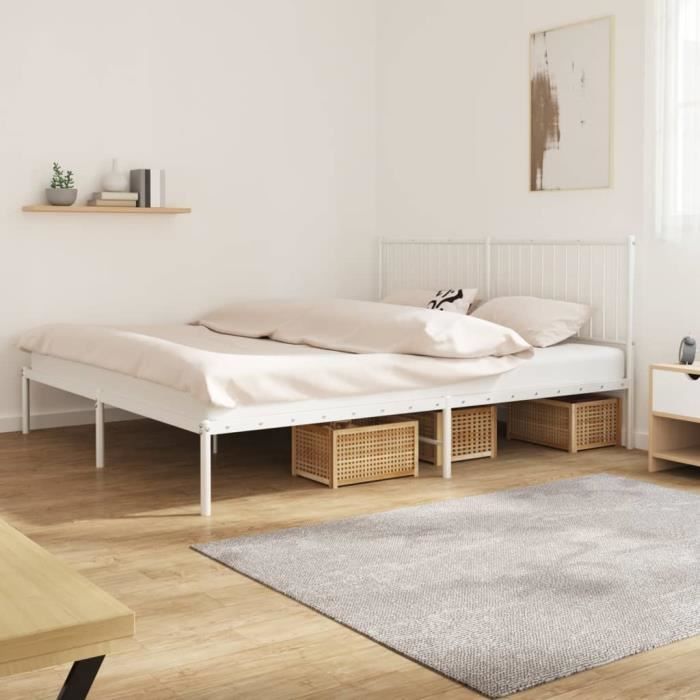 cadre de lit métal famirosa avec tête de lit blanc - 193x203 cm - a lattes - avec espace de rangement