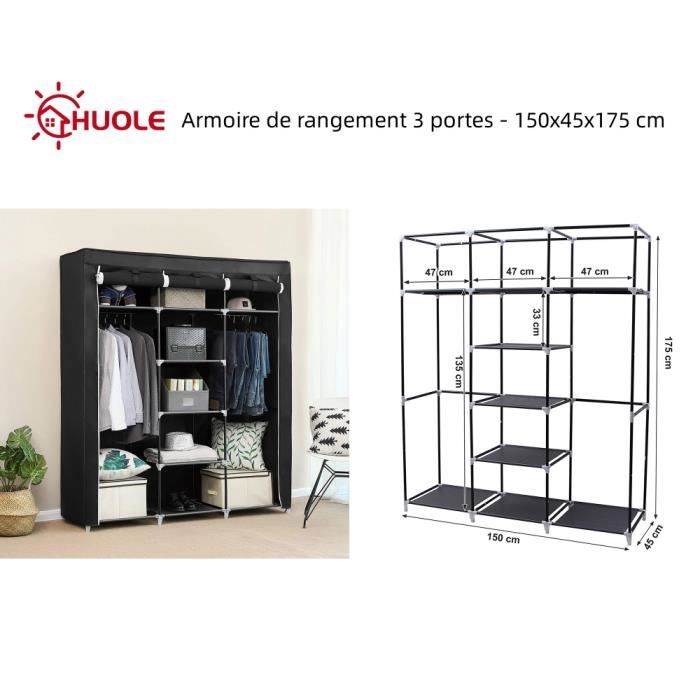 Armoire de rangement 3 portes HUOLE - 150x45x175 cm - Noir - Non-tissé