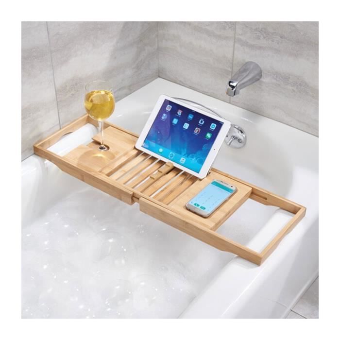 Pont de Baignoire Bambou, Étagère de Baignoire Extensible en Bambou avec Porte-gobelet et Boîte à Serviettes, Plateau Baignoire, Tablette Baignoire, 70-105cm*23 * 3cm (Bois