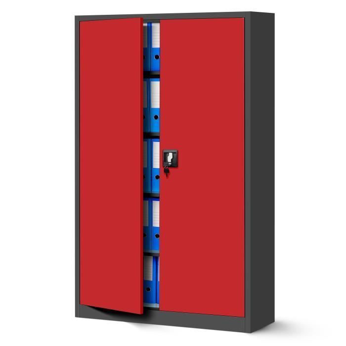 Armoire de Bureau Métallique XXL C001II Verrouillable 4 étagères revêtement en poudre 185 cm x 115 cm x 40 cm Anthracite-Rouge