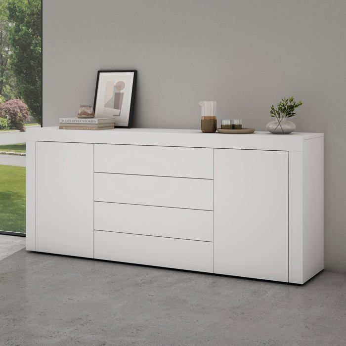 Mai & Mai Meuble de Rangement avec 2 Portes et 4 Tiroirs Casier de Rangement Polyvalent Buffet Blanc Mat 167x36x70 cm SR03
