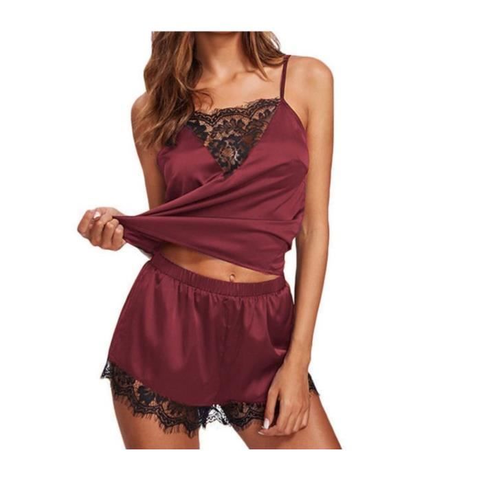 Pyjama Court Femme - Haut Et Short En Satin - Ensemble Nuit D'été Léger Et Confortable - Deux Pièces - Col V - Manches Courtes