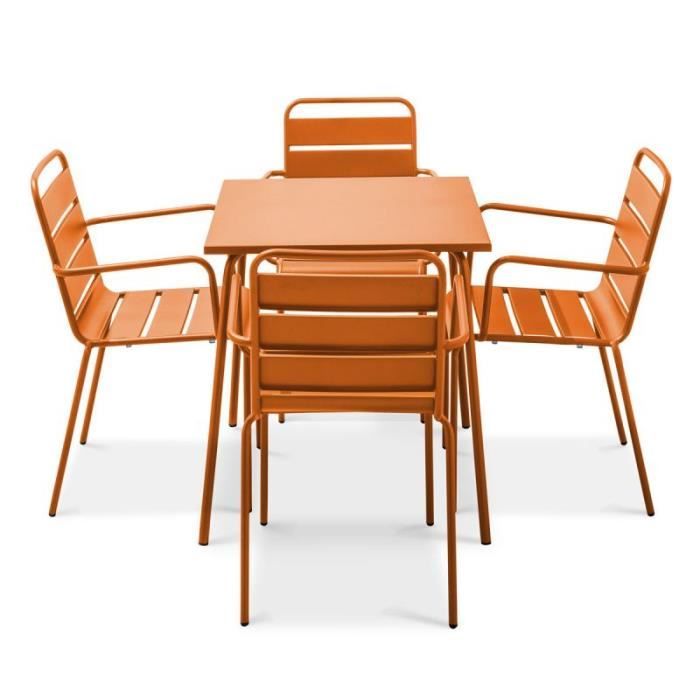 Ensemble table de jardin et 4 fauteuils empilables - Acier - Palavas - Orange