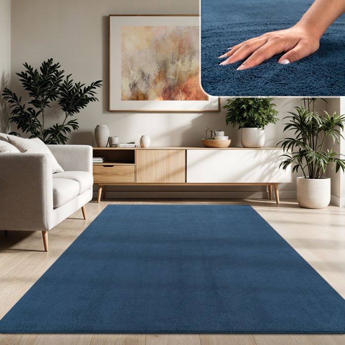 Tapis Rond Bleu Marine 160cm - Poils Courts Lavable Antidérapant - Salon, Chambre