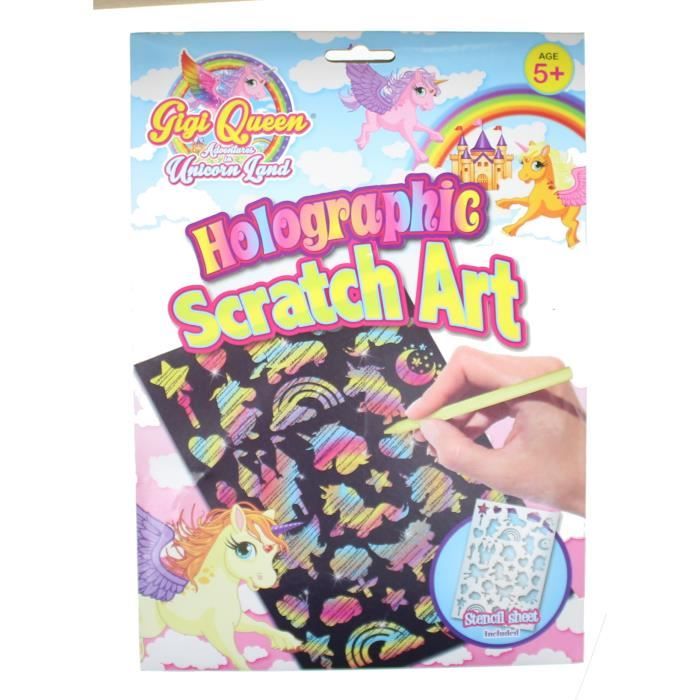 Children's Unicorn Holographic Scratch Art Set with 2 Cards, Stencil and Tool Cdiscount Jeux