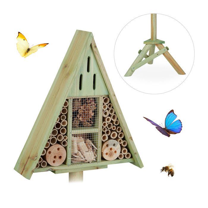 Comparer les prix de Relaxdays Hôtel à insectes triangle pied, Maison à insectes, abeilles refuge bois, Nid cabane HxlxP: 130x42x35cm, vert