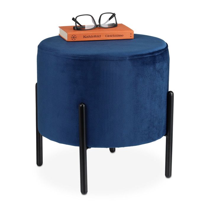 Relaxdays Pouf en velours tabouret rond matelassé pieds en métal noir HxD : 38 5x40 5 cm siège tissu bleu