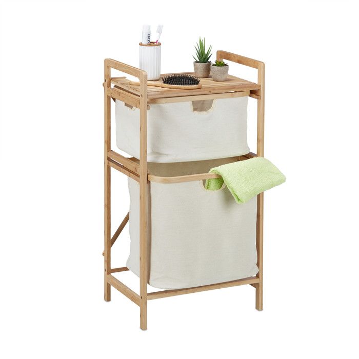 Relaxdays Panier à linge structure bambou trieur 2 panières HLP : 85x44x33 cm étagère salle de bain nature-beige