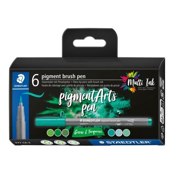 6 feutres - Pointe pinceau - Staedtler - Pigment Arts Pen - Assortis vert et turquoise