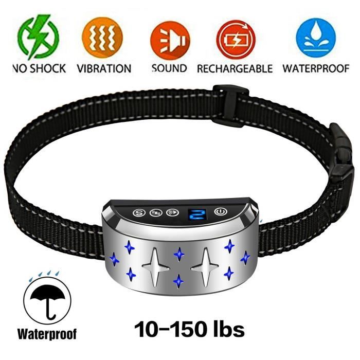 Meilleurs prix pour Collier Anti-Aboiements Dispositif Collier De Dressage Pour Chien Tanche 7 Niveaux Ajustables Sonvibrationsensibilité Argent