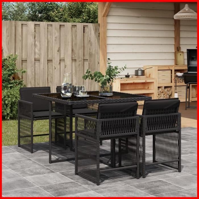 DXBK Ensemble à manger de jardin coussins 5pcs Noir Résine tressée 3211615