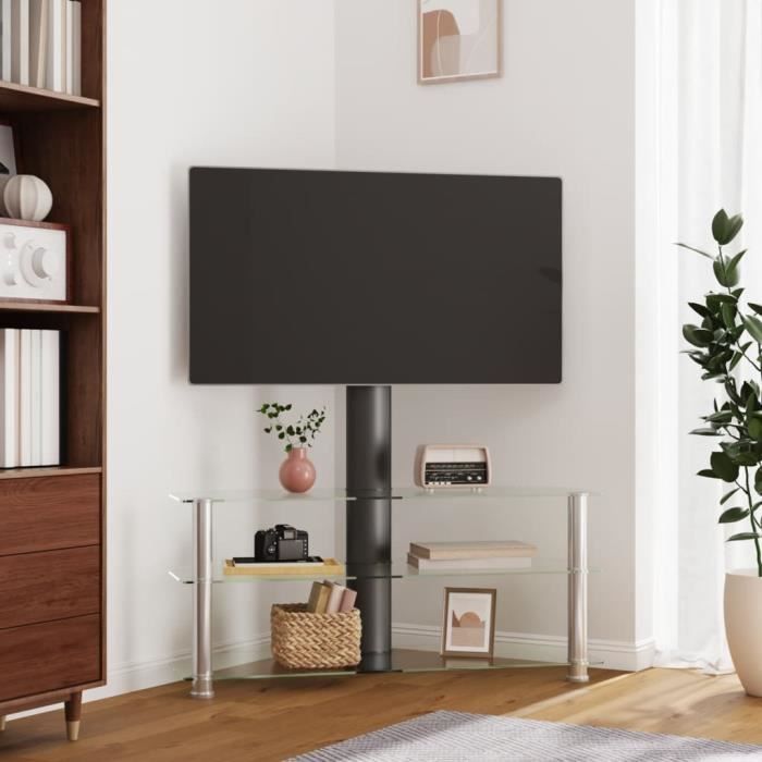yaj-meuble tv d'angle 3 niveaux pour 32-70 pouces noir et argenté-yaj358180