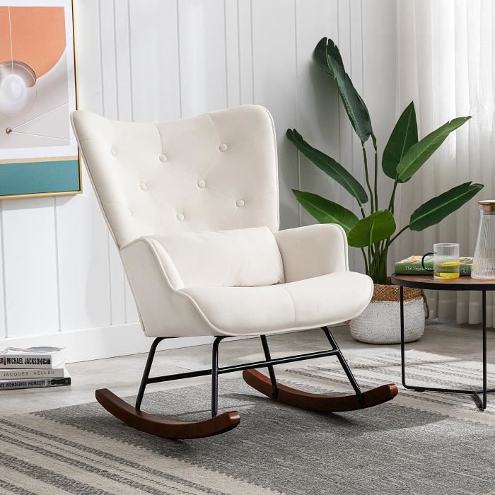 fauteuil à bascule rocking chair avec support lombaire chaise berçante allaitement bébé tissu en velours scandinave bois, beige