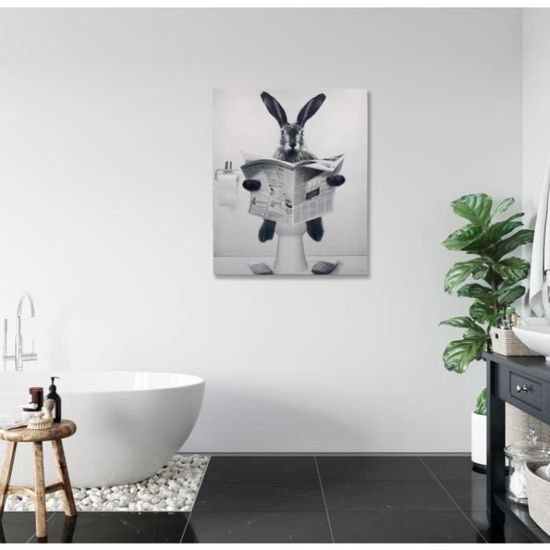 Poster de décoration murale pour salle de bain : mignon lapin coloré, papier toilette dans la main de lapin, décoration murale amusante pour chambre d'enfant prête à accrocher 30,5 x 38,1 cm