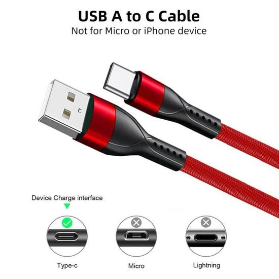 Câble USB Type C Uslion Charge Rapide 3A 1m Noir Nylon - Compatible Universel