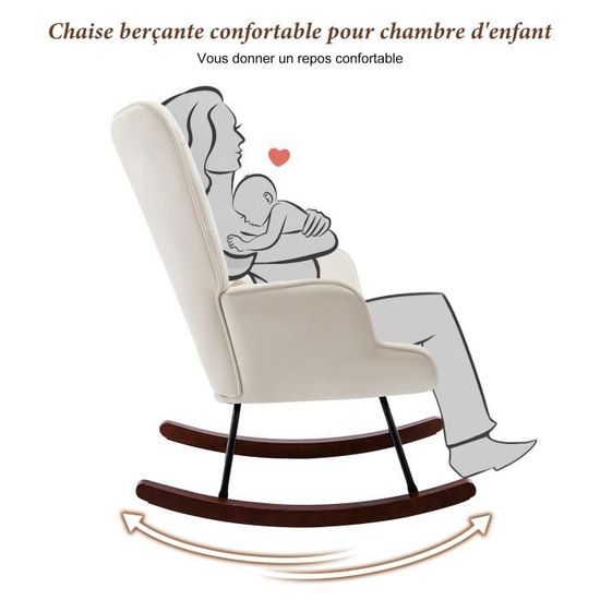 Fauteuil Chaise à Bascule Rocking Chair Avec Repose-pieds Relaxation Design Rustique En Bois De Bouleau Blanc Et Tissu G 87104222