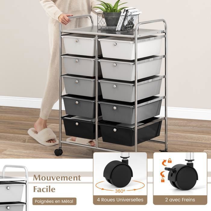 Tour De Rangement 5 Tiroirs Avec Roulettes - Armoire Plastique Noire Amovible Pour Bureau Et Salon