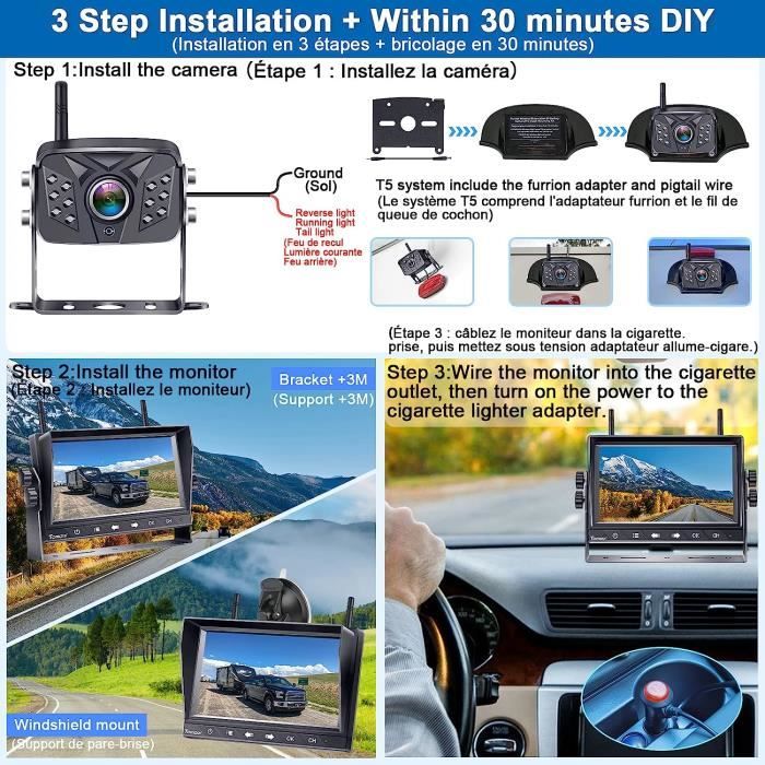 Kit Caméra De Recul Voiture Avec Écran 4,3 Pouces HD - Vision Nocturne, Étanche IP68 - Facile à Installer - 12