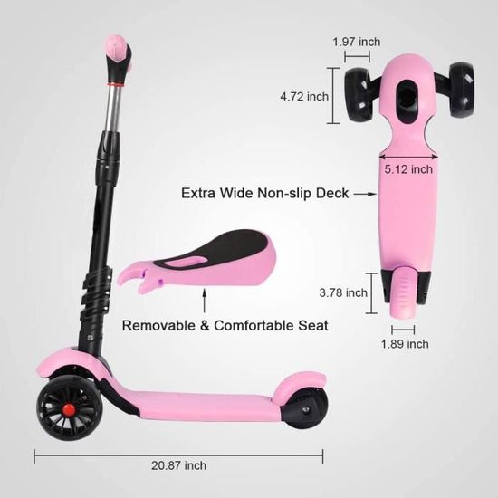 Trottinette 3 En 1 Enfant Avec Siège Amovible - Guidon Réglable, Roues LED, Frein Arrière - À Partir De 2 Ans