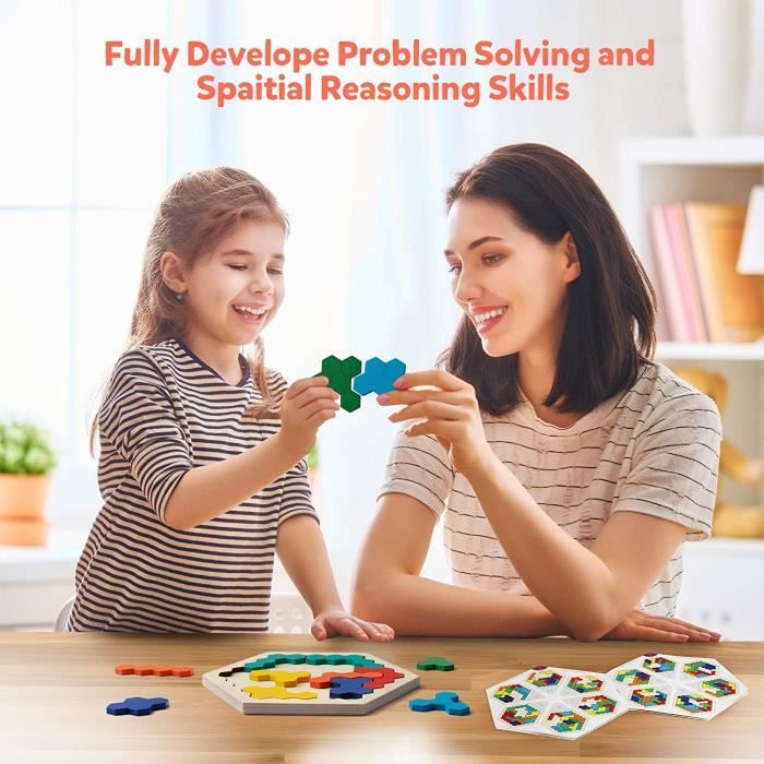 CHUANGOU Puzzle Géométrique Hexagonal En Bois – 16 Pièces Colorées – Jouet Éducatif 4-6 Ans – Tangram