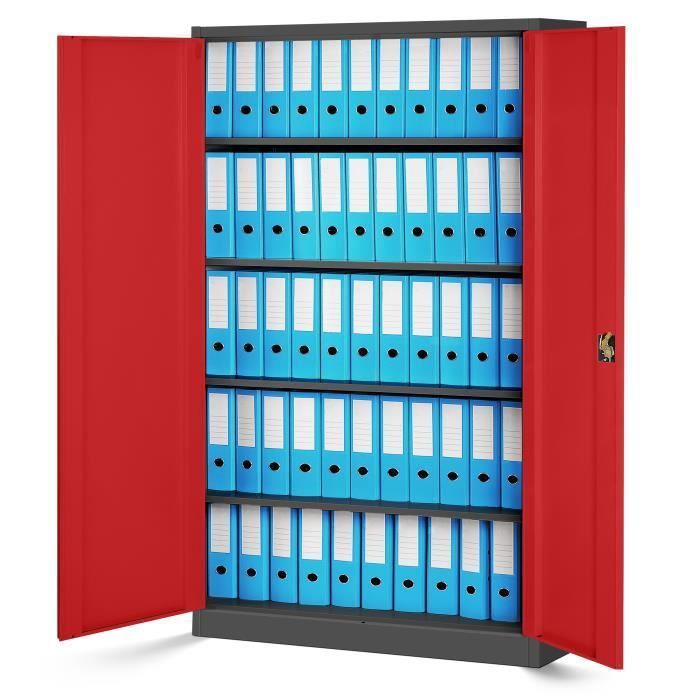 Armoire De Bureau Métallique Jan Nowak - 92,5x90x40 Cm - Portes Battantes Verrouillables, 2 Étagères Réglables - Anthracite/Rouge