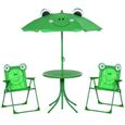 Ensemble salon de jardin enfant 4 pcs design grenouille - table ronde + 2 chaises pliables + parasol - métal époxy oxford vert-0