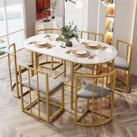 Ensemble de table de salle à manger（140x80cm）et six chaises - Table en MDF blanc, chaises avec dossiers et coussins gris - doré