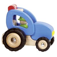 Tracteur en bois bleu GOKI - Jouet pour bébé de 2 ans et plus - Avec personnage en bois et pneus en caoutchouc