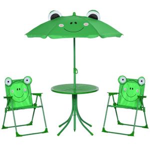 Ensemble table et chaise de jardin Ensemble salon de jardin enfant 4 pcs design grenouille - table ronde + 2 chaises pliables + parasol - métal époxy oxford vert