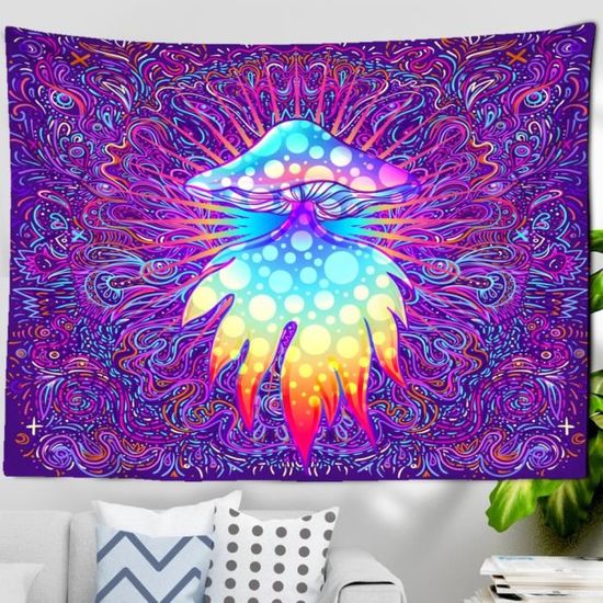 Uspring Tapisserie murale hippie champignon – Yeux psychédéliques psychédéliques paon de mer bohème abstrait océan (70,9 x 235 cm