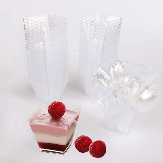 50 pièces Coupes à Dessert 60ML Réutilisable Verrines Plastique Tasses à Dessert avec Cuillères Transparent Coupe à Dessert P 132