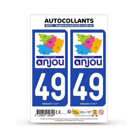 Lot De 4 Autocollants Plaque Immatriculation Département 49 Maine-et-Loire - Dimensions 45x100 Mm, Vinyle Haute Tenue Anti-UV