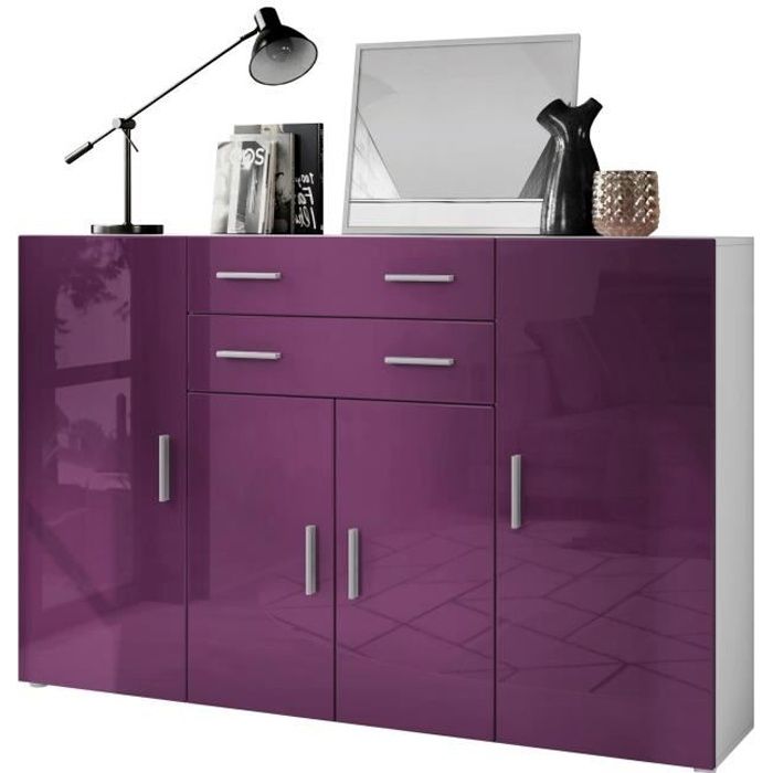 Vladon Buffet haut Aron à 8 compartiments et 2 tiroirs (166 5 x 106 5 x 35 cm) en blanc mat - façades en Mûre haute brillance