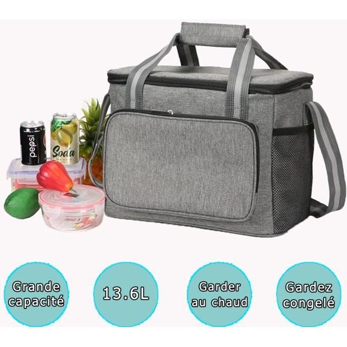 13.6L Sac Isotherme/Gardez congelé Glacière Boîte Repas Déjeuner Pique-nique Voyage Gris