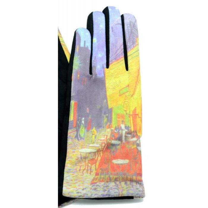 Gants polaire femme hiver chaud tactile colorés tableau peinture Van Gogh Terrasse café