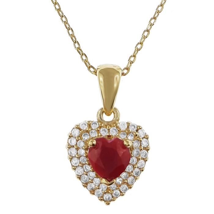 Lot pendentif Coeur Rubis, Plaqué Or et Zirconium + Chaîne Plaqué Or 50cm