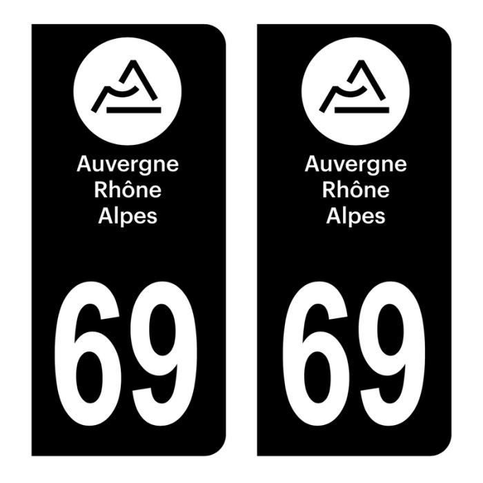 Autocollants Stickers plaque immatriculation voiture auto département 69 Rhône Logo Région Auvergne-Rhône-Alpes Full Noir