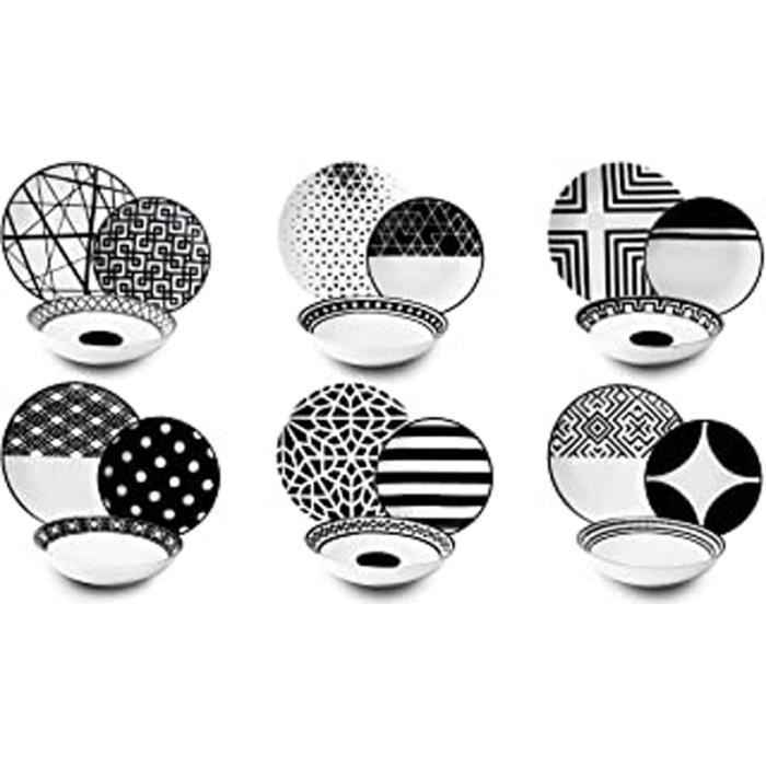 Excelsa 62496 Service D'Assiettes, Porcelaine, Blanc-Noir, 18 Pièces