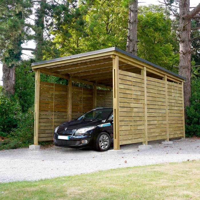 Carport bois PREMIUM, 1 voiture, avec panneaux latéraux - 357 x 586 x H.280 cm