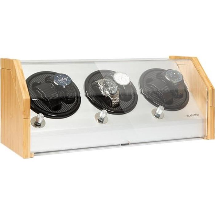 Remontoir - Klarstein Garonne - pour 6 montres - 3 vitesses - 4 modes de rotation - Verre acrylique et bambou
